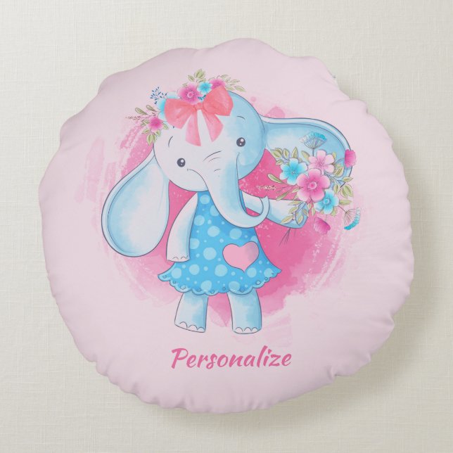 Coussins Ronds Bébé mignon Fleurs d'éléphant Pink Bow Cartoon (Dos)