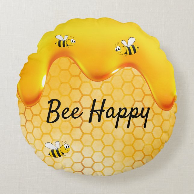 Coussins Ronds Bee Happy Bumble abeilles miel nid d'abeille goutt (Devant)