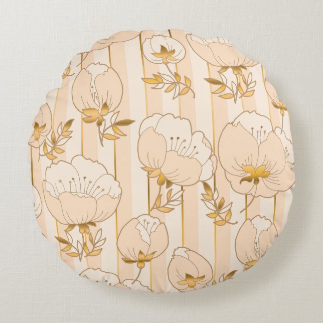 Coussins Ronds Beige D'Ivoire : Modèle Floral De Luxe. (Devant)