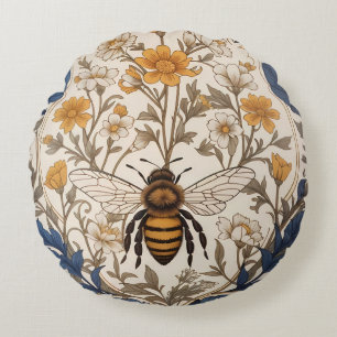 Coussins Ronds Belle abeille florale vintage jaune et bleue