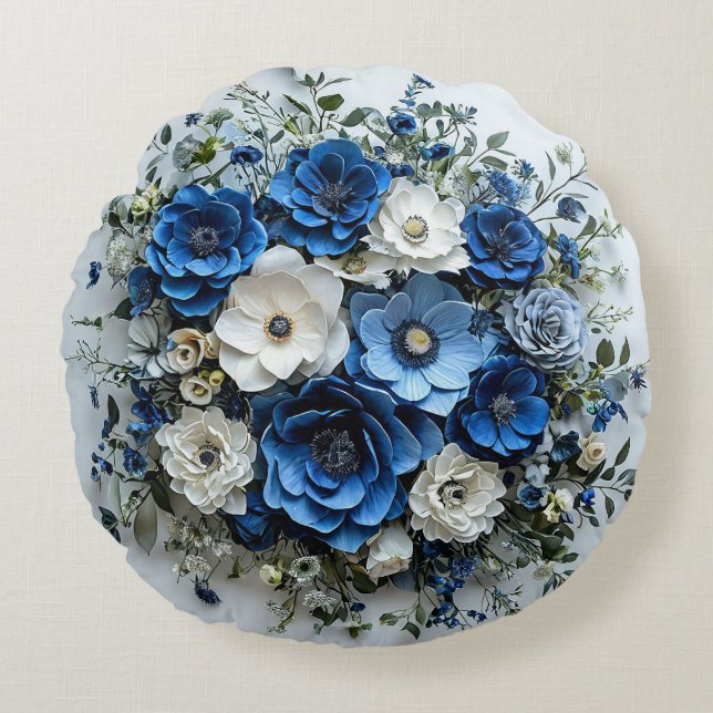 Coussins Ronds Belle composition florale bleue et blanche (Devant)