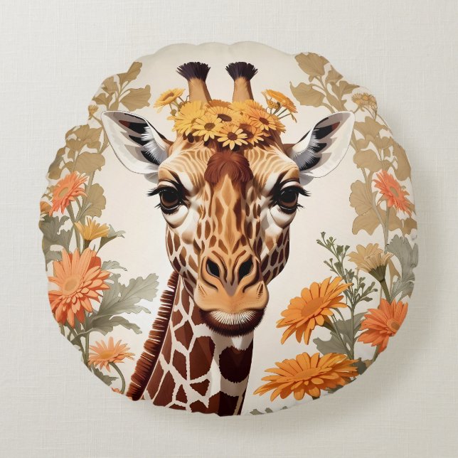 Coussins Ronds Belle Giraffe et Gerbera Daisy Flowers (Devant)