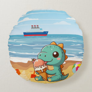 Coussins Ronds Belle glace manger dino à la plage