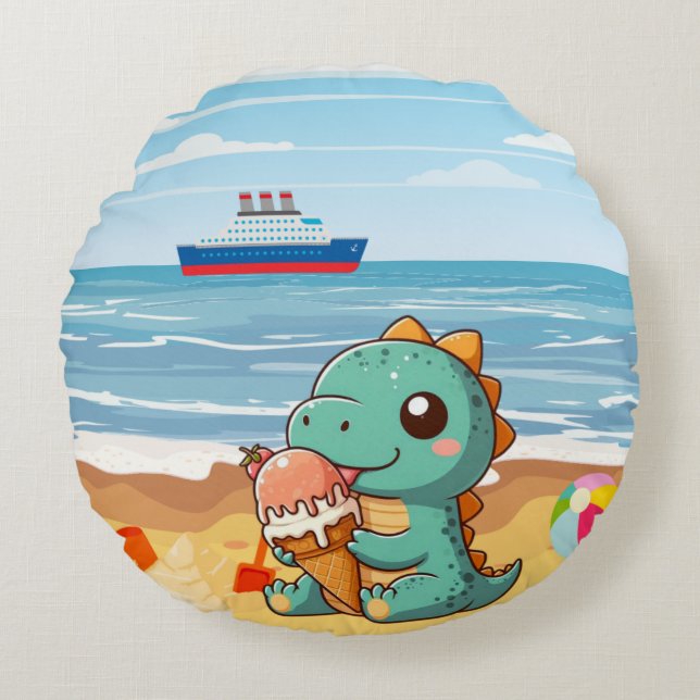 Coussins Ronds Belle glace manger dino à la plage (Devant)