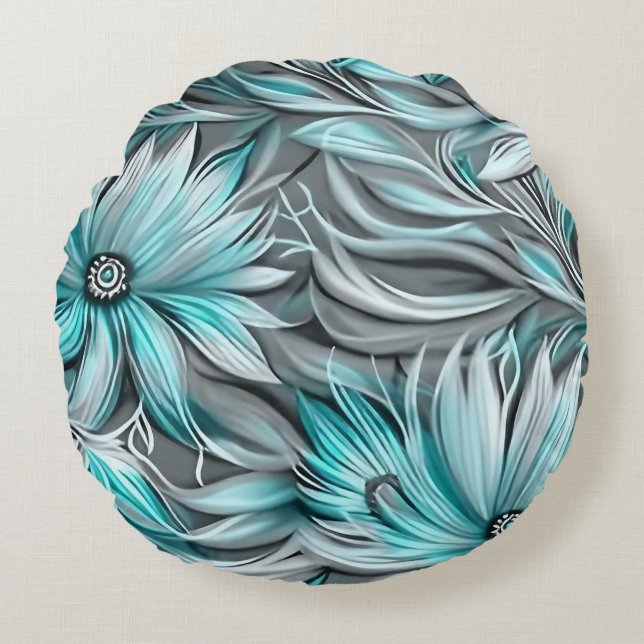 Coussins Ronds Belle impression Florale Turquoise Bleue (Devant)