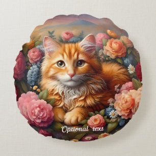 Coussins Ronds Belle Tabby Chat Orange et Fleurs