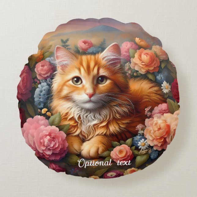 Coussins Ronds Belle Tabby Chat Orange et Fleurs (Devant)