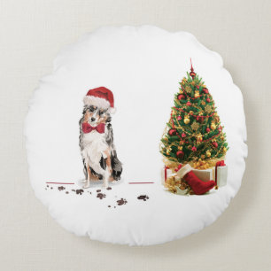 Coussins Ronds Berger Australien Drôle de Noël Chien avec Arbre