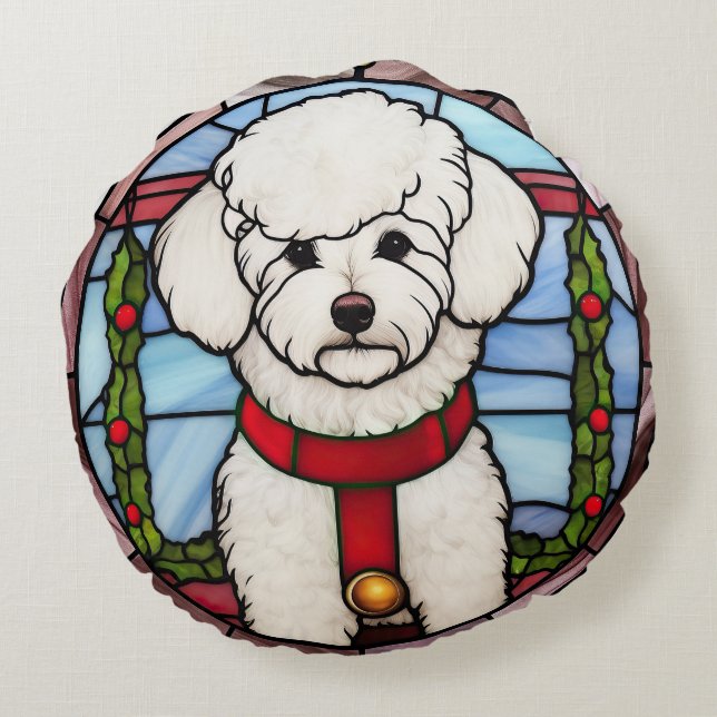 Coussins Ronds Bichon Frisé Vitrail Noël (Dos)