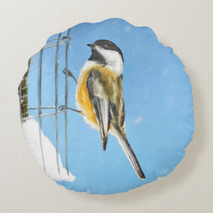 Coussins Ronds Bickadee sur la peinture d'alimentation - Oiseaux