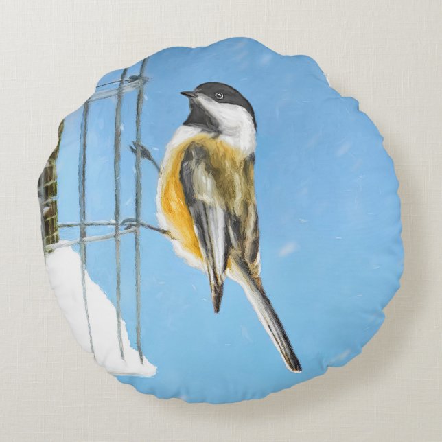 Coussins Ronds Bickadee sur la peinture d'alimentation - Oiseaux  (Dos)