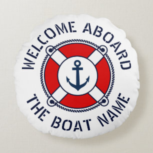 Coussins Ronds Bienvenue à bord nom du bateau ancre nautique bleu