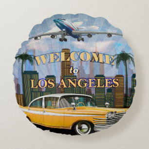 Coussins Ronds Bienvenue à l'affiche rétro de Los Angeles.