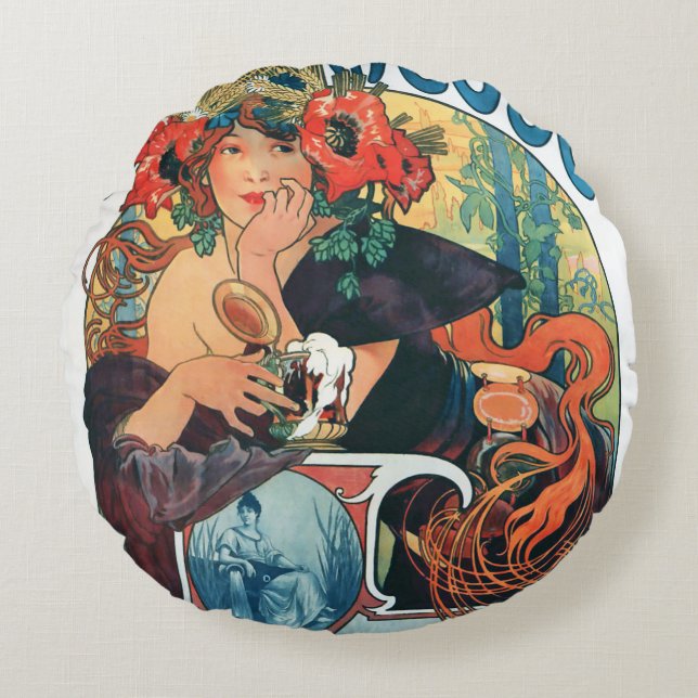 Coussins Ronds Bieres de la Meuse, Alphonse Mucha Jeu d'oreiller (Devant)