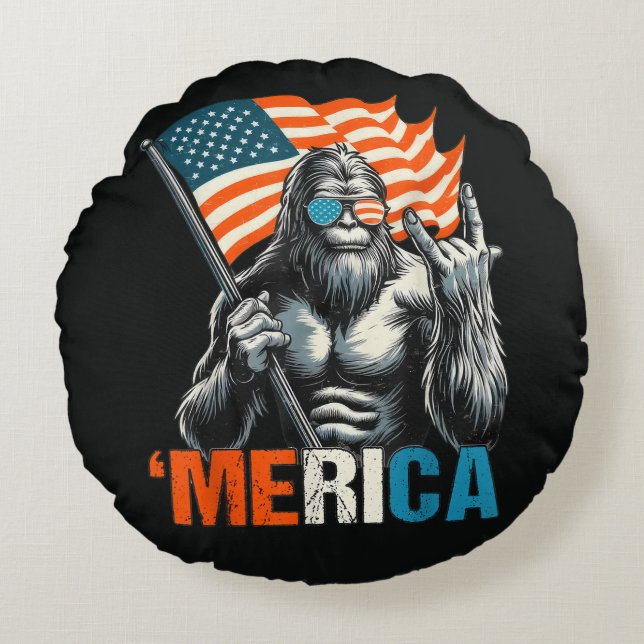 Coussins Ronds Bigfoot Merica Rock Drapeau Américain (Devant)