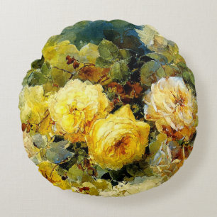 Coussins Ronds Bischoff - Roses (jaunes), peinture d'art fin,