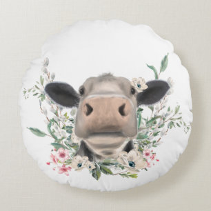 Coussins Ronds bisou de nez de vache fleurs aquarelle gris animal