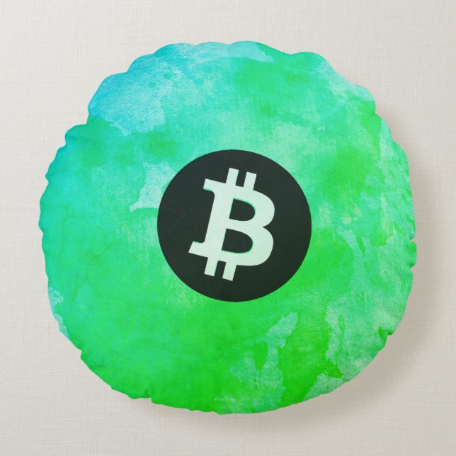 Coussins Ronds Bitcoin Aquarelle (Style $ - Green Day) (Devant)