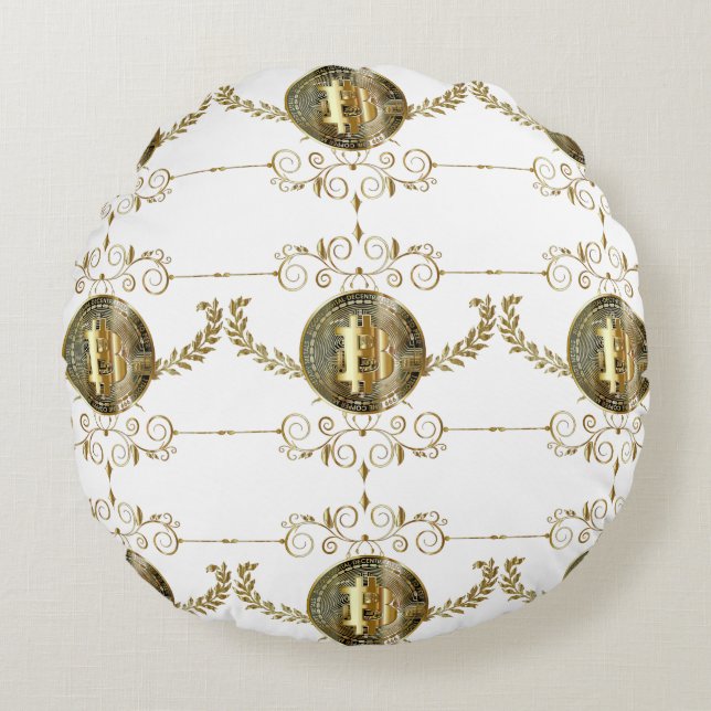 Coussins Ronds Bitcoin Gold Coin argent numérique blanc (Devant)