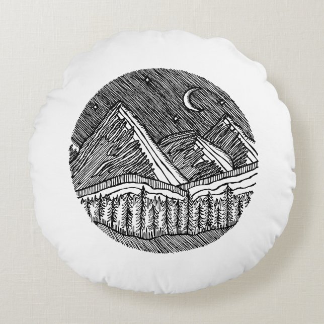 Coussins Ronds Black and White Ink-Drawn Round Alp Landscape (Devant)