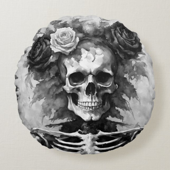 Coussins Ronds Black and White Skull with Roses Gothic Style (Devant)
