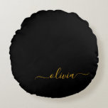 Coussins Ronds Black Gold Modern Script Girl Monogramme Nom<br><div class="desc">Noir et or Simple Script Monogramme Nom Pouf Coussin. La coussin fait le cadeau parfait pour 16 ans,  mariage,  douche nuptiale,  baby shower ou bachelorette pour quelqu'un décorant sa chambre en or rose.</div>