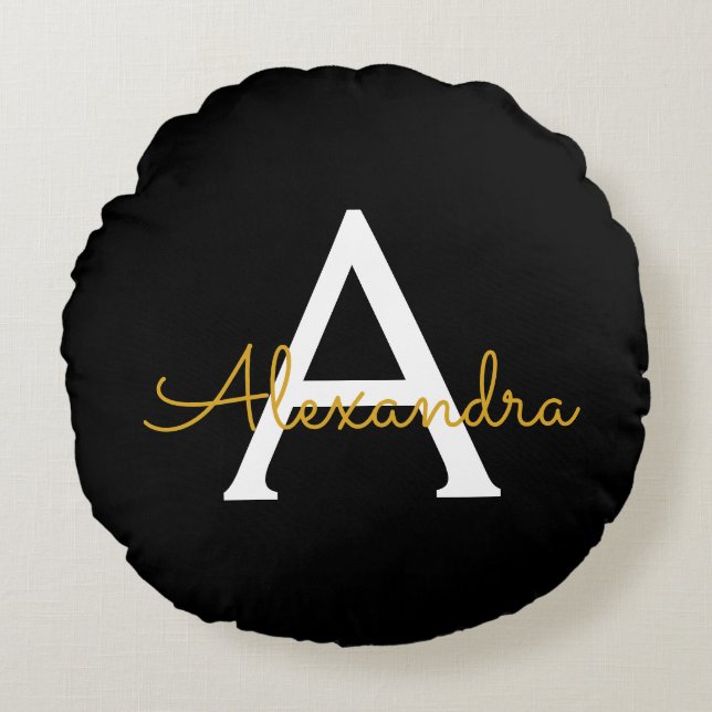 Coussins Ronds Black Gold Modern Script Girl Monogramme Nom (Devant)
