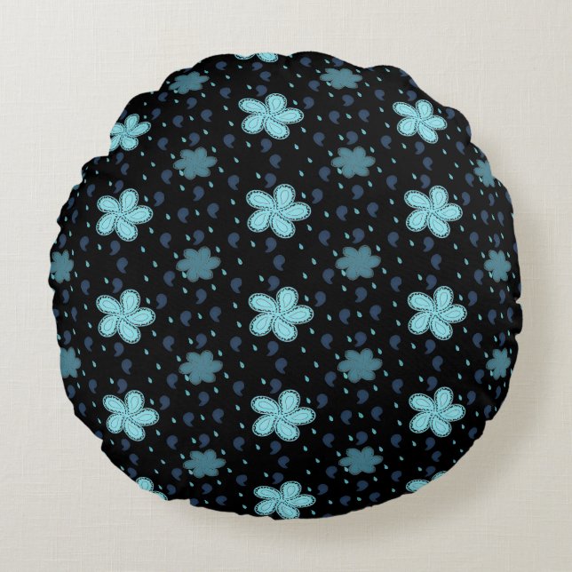 Coussins Ronds Black Pillow with Blue Paisley Floral Print (Devant)