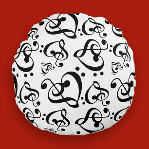 Coussins Ronds Black White Treble Clef Heart Music Notes Motif