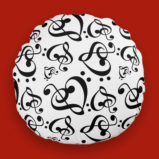 Coussins Ronds Black White Treble Clef Heart Music Notes Motif (Créateur téléchargé)