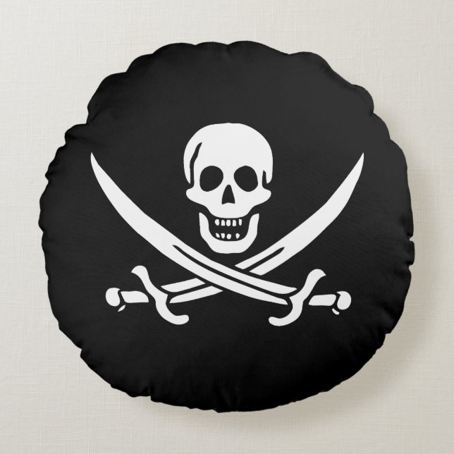 Coussins Ronds Blanc, Drapeau de pirate Calico Jack, Crâne et sab (Devant)
