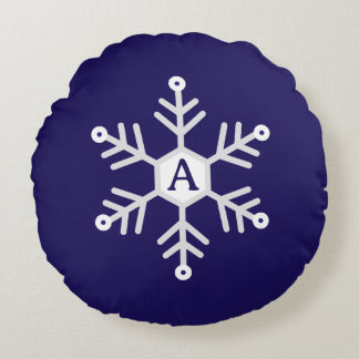 Coussins Ronds Blanc et argent flocon de neige Noël initiale Bleu