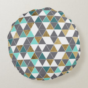 Coussins Ronds Blanc gris moderne Teal et triangles d'or de Faux