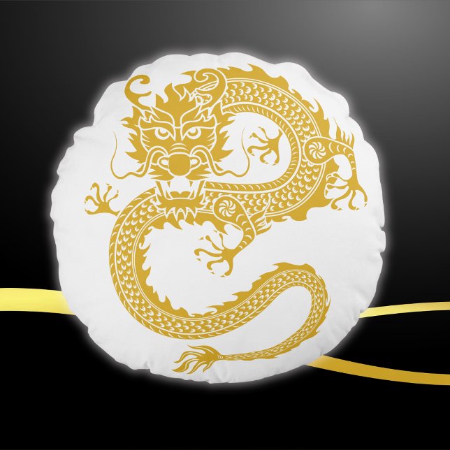 Coussins Ronds Blanc, Or & Noir, Dragon chinois Zodiac | (Créateur téléchargé)