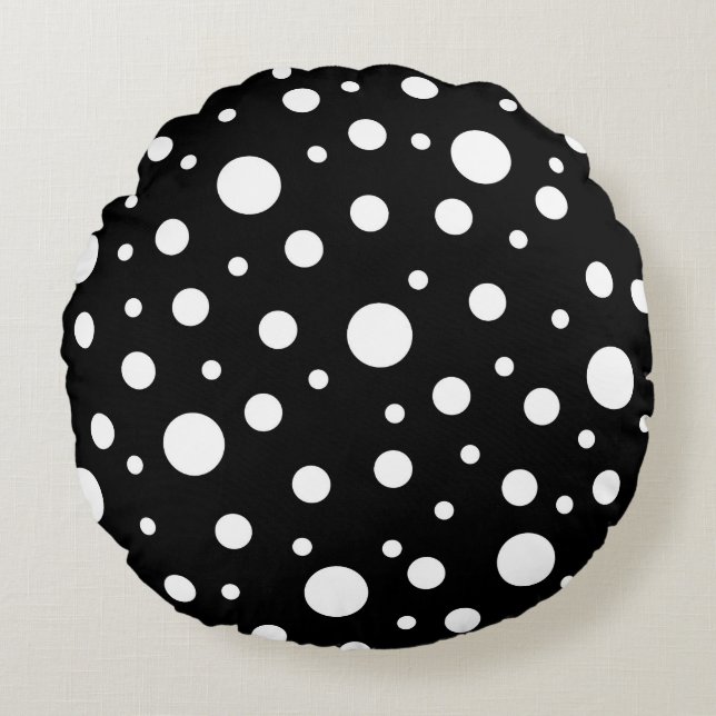 Coussins Ronds Blanc sur le Motif de points Polka Noir (Devant)