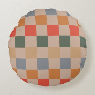 Coussins Ronds Bleu Beige Orange Marron Carreaux Motif Gingham