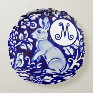 Coussins Ronds Bleu Blanc Rabbit Oiseau Floral Monogramme Éléga