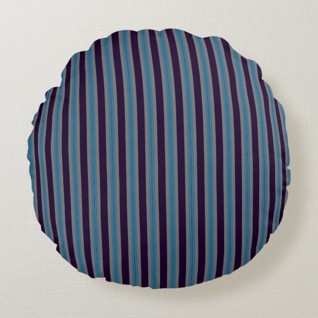 Coussins Ronds bleu denim, rayures violet foncé et gris (Devant)