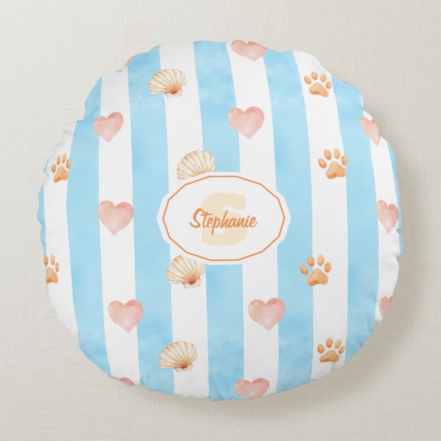 Coussins Ronds Bleu et blanc - Coeurs, Empreinte de patte, Coque (Devant)
