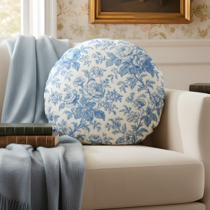 Coussins Ronds Bleu et crème floral Toile de Jouy