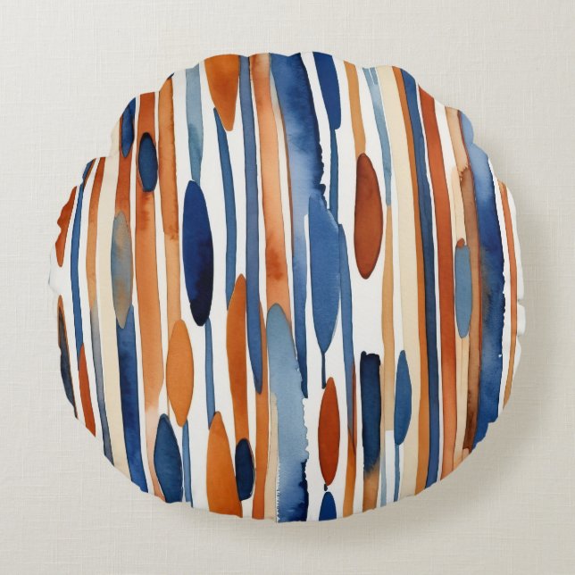 Coussins Ronds Bleu et orange rouillé rayures abstraites (Devant)