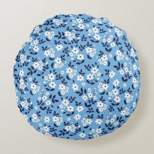 Coussins Ronds Bleu, Fleurs blanches : Vintage