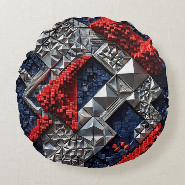 Coussins Ronds Bleu foncé Rouge vif Argent Micro Mosaïque 3D  (Devant)