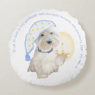 Coussins Ronds Bleu Goodnight Westie avec bougie