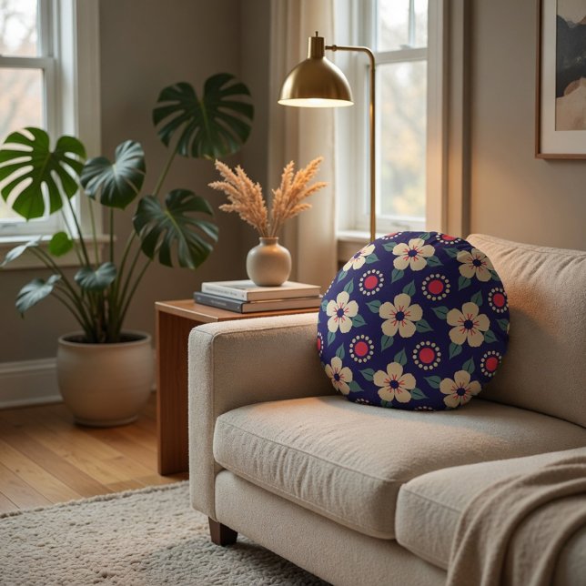 Coussins Ronds Bleu Nuit avec Fleurs Crème (Créateur téléchargé)