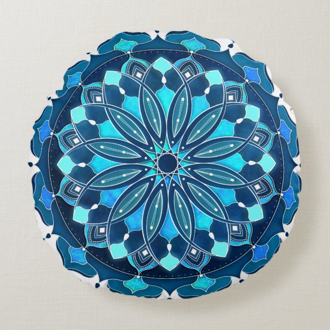 Coussins Ronds bleu turquoise Mandala (Devant)