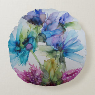 Coussins Ronds Bleu violet rose vert rose Art Floral