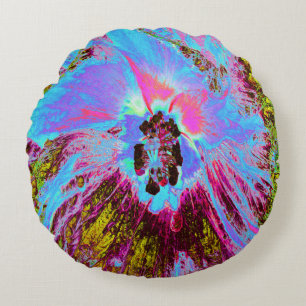 Coussins Ronds Bleuet Psychedelique Bleu et Hibiscus Magenta