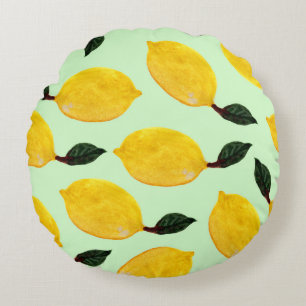 Coussins Ronds Bleuets de citron juteux : Aquarelle en papier tra