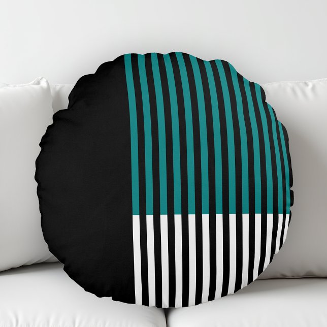 Coussins Ronds Bloc de couleur moderne rayé sarcelle noir blanc (Créateur téléchargé)